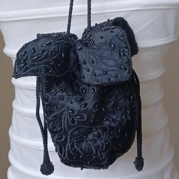 Beaded Mini Drawstring Shoulder Bag Purse Fully Lined Womens Black, 6"x6" EUC - Picture 5 of 12